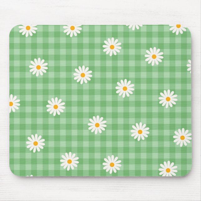 Grünes Gingham-Karo-Blumenmuster mit Gänseblümchen Mousepad (Vorne)