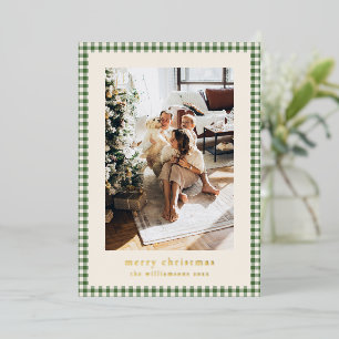 Grünes Gingham-Karo Gold Frohe Weihnachten Familie Folien Feiertagskarte