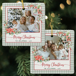 Grünes Gingham-Karo-Weihnachtsfoto Frohe Weihnacht Keramikornament