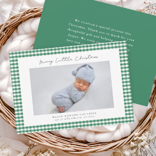 Grünes Gingham-Muster Weihnachts-Baby-Foto Dankeskarte