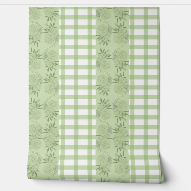 Grünes Gingham und florales Motif-Wallpaper Tapete (Abrollen)