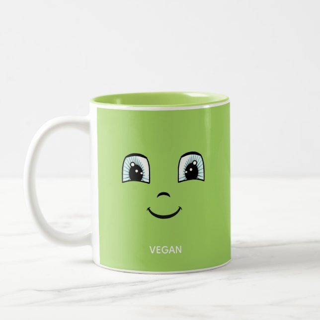 Grünes glückliches Gesicht mit Veganem Text und Mo Zweifarbige Tasse (Links)