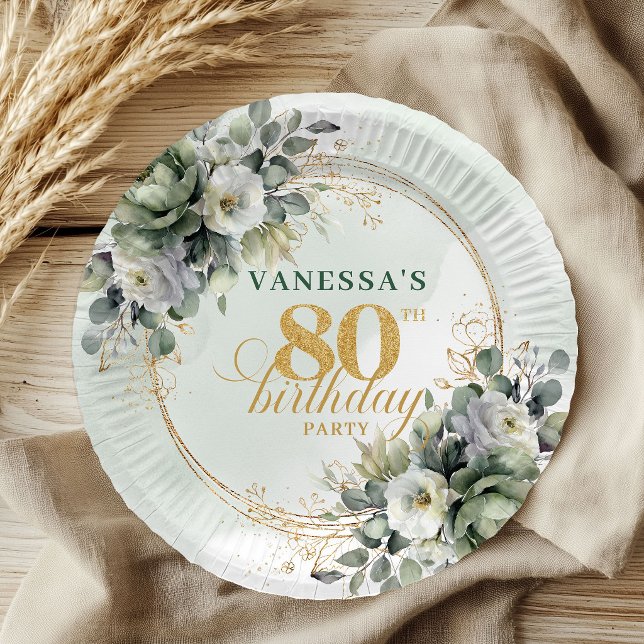 Grünes Gold Botanical 80. Geburtstagsfeier   Pappteller (Green Gold Botanical 80th Birthday Celebration Plates)