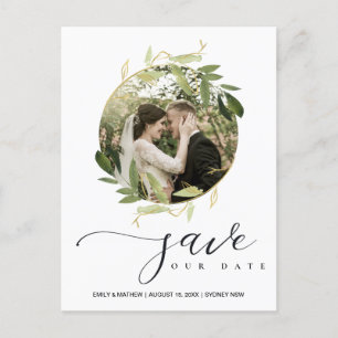 GRÜNES GOLD FOLIAGE WREATH SAVE THE DATE FOTO ANKÜNDIGUNGSPOSTKARTE