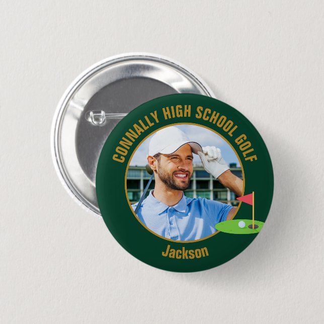 Grünes Gold Golfer Foto High School Golfteam Button (Vorne & Hinten)