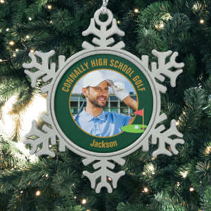 Grünes Gold Golfer Foto High School Golfteam Schneeflocken Zinn-Ornament