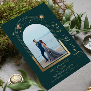 Grünes Goldenes Himmels-Sonne-Mond-Sterne-Hochzeit Save The Date