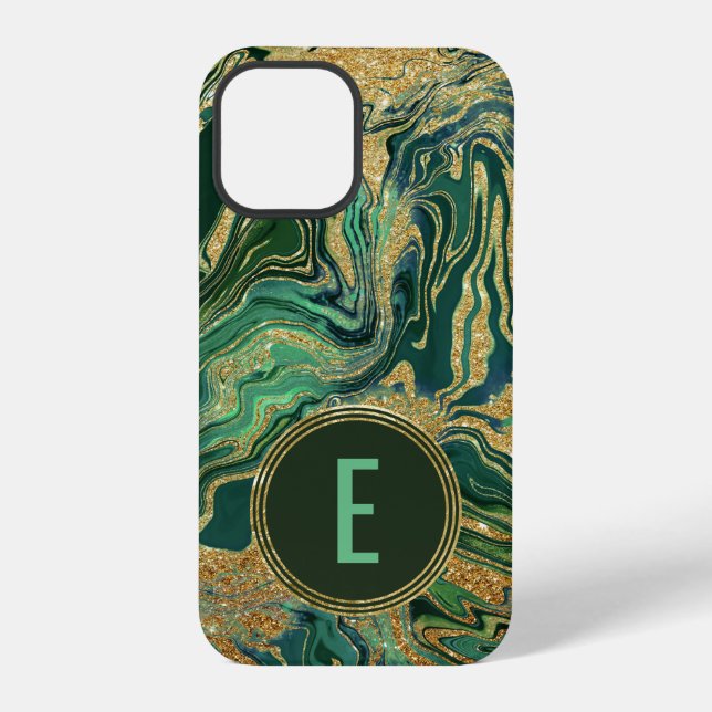 Grünes Goldmarmor-Glitzer-Monogramm iPhone Hülle (Rückseite)