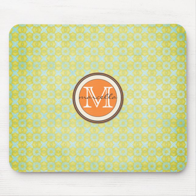 Grünes Goldmuster-Hintergrund-Orangen-Monogramm Mousepad (Vorne)