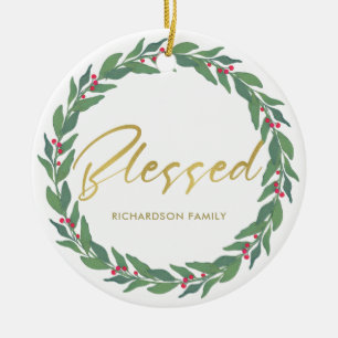 GRÜNES GOLDrotes BEEREN-KRANZ-WEIHNACHTEN GESEGNE Keramik Ornament