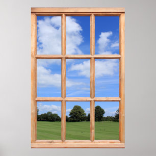 Grünes Gras, Bäume und blauer Himmel Faux-Fensterb Poster