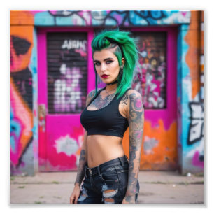 Grünes Haar Tattoo Punk Babe in der Graffiti Stree Fotodruck