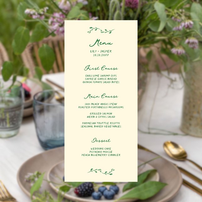 Grünes handgeschriebenes Hochzeitsmenü Menükarte (Von Creator hochgeladen)