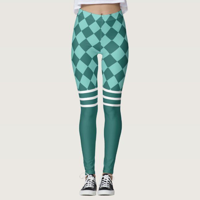 Grünes Harlequin und dreifach weißer Streifen Leggings (Vorderseite)