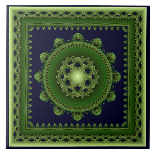 Grünes herrliches Fraktal gerahmt Mandala Fliese (Vorderseite)