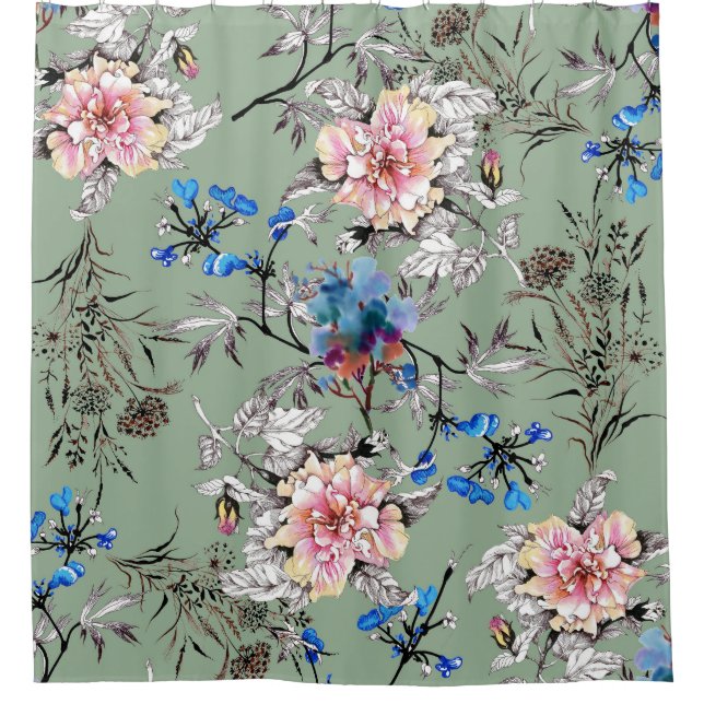 Grünes Hintergrund Blumenmuster. Duschvorhang (Vorderseite)