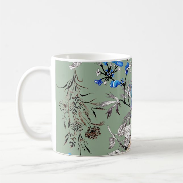 Grünes Hintergrund Blumenmuster. Kaffeetasse (Links)