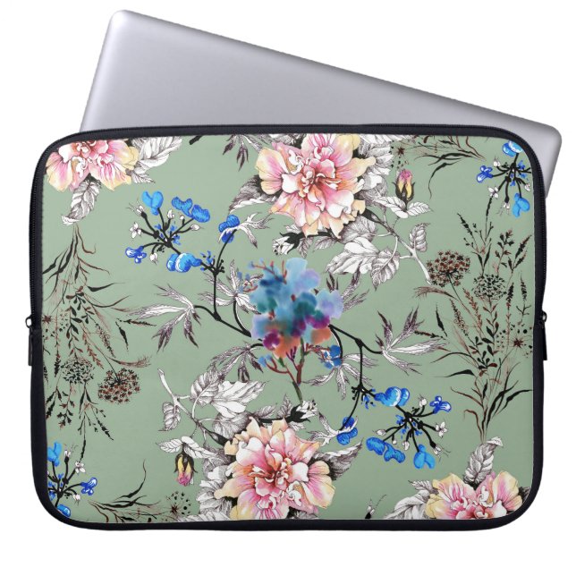 Grünes Hintergrund Blumenmuster. Laptopschutzhülle (Vorderseite)