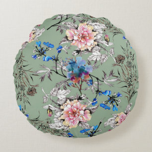 Grünes Hintergrund Blumenmuster. Rundes Kissen