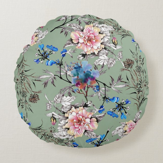 Grünes Hintergrund Blumenmuster. Rundes Kissen (Vorderseite)