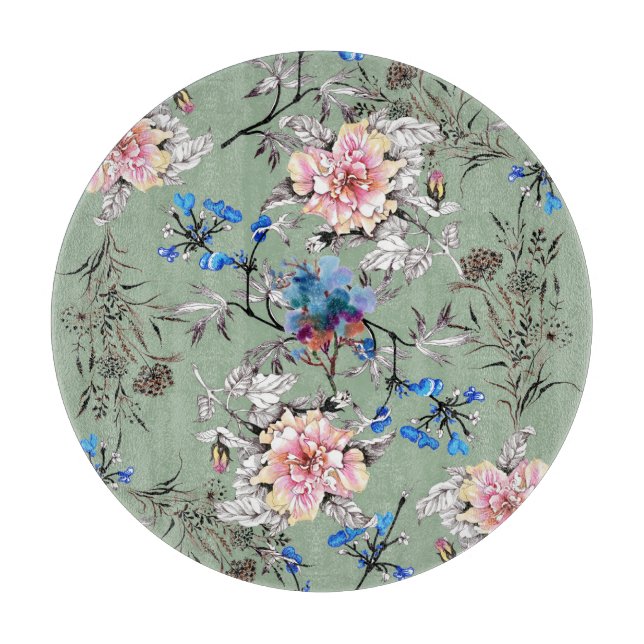 Grünes Hintergrund Blumenmuster. Schneidebrett (Vorderseite)