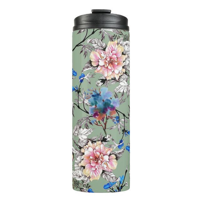 Grünes Hintergrund Blumenmuster. Thermosbecher (Vorderseite)