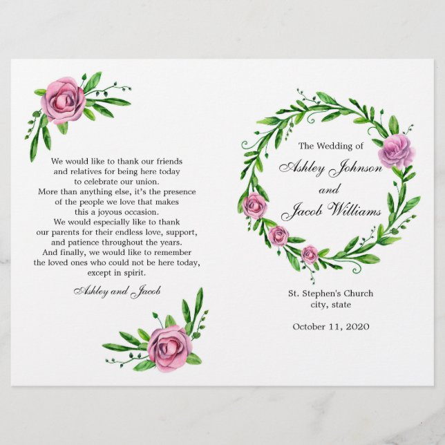 Grünes Hochzeitsprogramm. Sommerliche Kirchenzerem (Vorderseite)