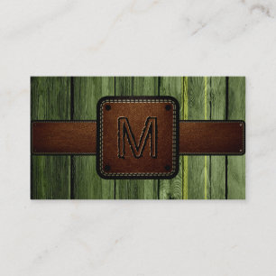 Grünes Holz Braunes Leder Look Monogram Visitenkarte