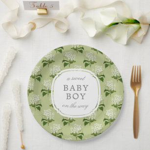 Grünes Hydrangea Muster Sweet Baby Gender Neutral Pappteller