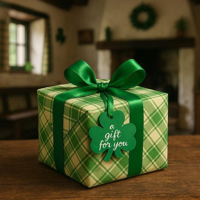 Grünes irisches Karopapier Geschenkpapier (St Patricks day "gift for you" wrapping paper with  green satin bow. A classic green and white plaid)