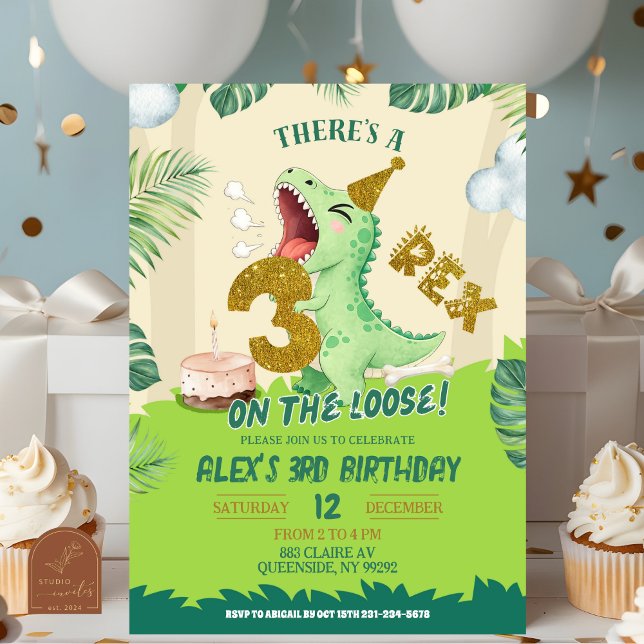 Grünes Jungen-Dinosaurier-Thema 3-Rex Dritter Gebu Einladung (Von Creator hochgeladen)