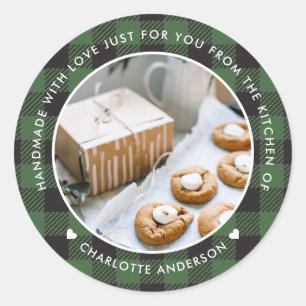 Grünes Kariertes Handwerk mit Liebe Weihnachts-Fot Runder Aufkleber