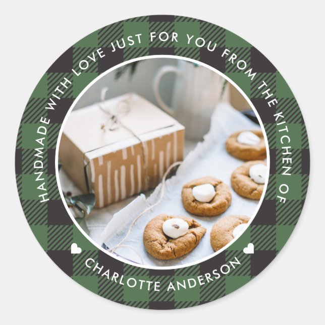 Grünes Kariertes Handwerk mit Liebe Weihnachts-Fot Runder Aufkleber (Vorderseite)