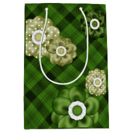 GRÜNES KARIERTES MUSTER MIT GRÜNEN BLUME MITTLERE GESCHENKTÜTE