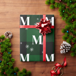 Grünes Karo & Schneeflocken Monogramm Anfangsbuchs Geschenkpapier