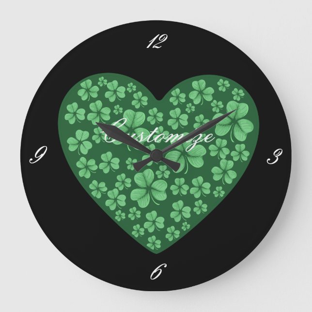 Grünes Kleeblatt St Patrick's Day Große Wanduhr (Vorderseite)