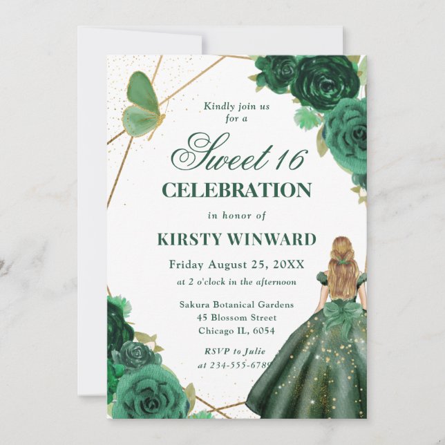 Grünes Kleid Blonde Blume Süß 16 Einladung (Vorderseite)
