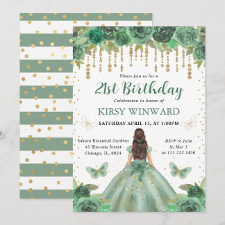 Grünes Kleid Brünett haarige Prinzessin Geburtstag Einladung