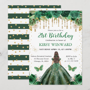 Grünes Kleid Geburtstag Prinzessin mit braunen Haa Einladung
