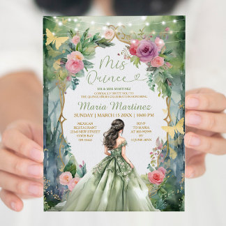 Grünes Kleid Rosa Blume 15 Mis Quince Einladung