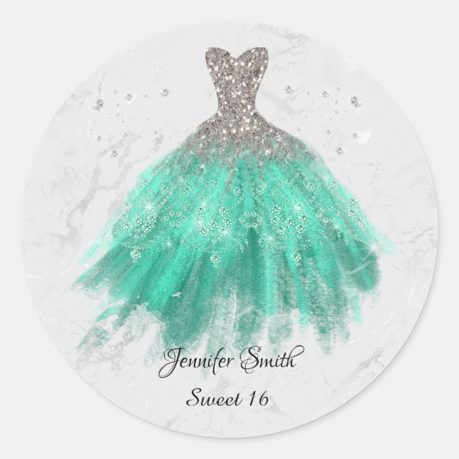 Grünes Kleid Silber Glitzer 16 . Geburtstag Runder Aufkleber (Vorderseite)