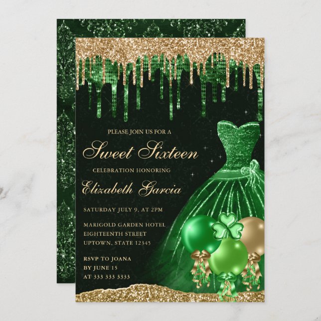 Grünes Kleid und Gold-Dripping-Glitzer Sweet 16 Einladung (Vorne/Hinten)