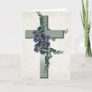 Grünes Kreuz mit violett blühender Grußkarte Karte