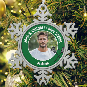 Grünes Lacrosse-Spielerfoto High School Schneeflocken Zinn-Ornament