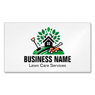 Grünes Landschafts-Logo Haus Baum Rasenmäher Garte Magnetische Visitenkarte