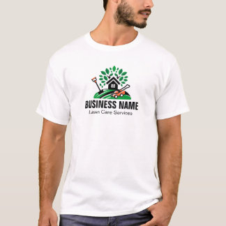 Grünes Landschaftslogo Haus Baum Rasenmäher Garten T-Shirt