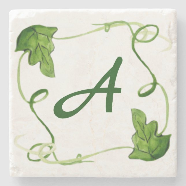 Grünes Leaf Art Custom Initial Letter Steinuntersetzer (Vorderseite)