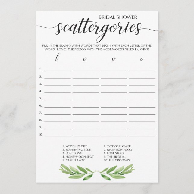 Grünes Leaf Bridal Scattergories Game (Vorderseite)