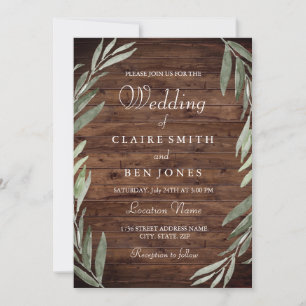 Grünes Leaf Wreath Rustic Wood Wedding Einladung