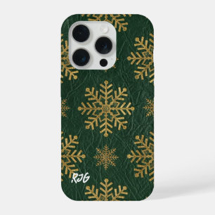 Grünes Leder mit goldenen Schneeflocken und Initia iPhone 15 Pro Hülle
